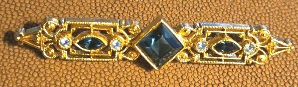 Vintage Art Deco Style GoldTone Bar Brooch Blue Glass Rhinestone Pin